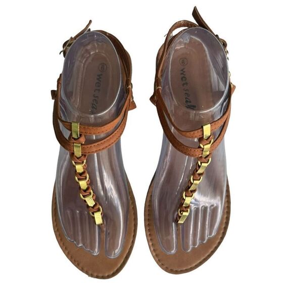 Wet Seal Brown T-Strap Gold Chain Sandals Size 9 - Picture 4 of 7
